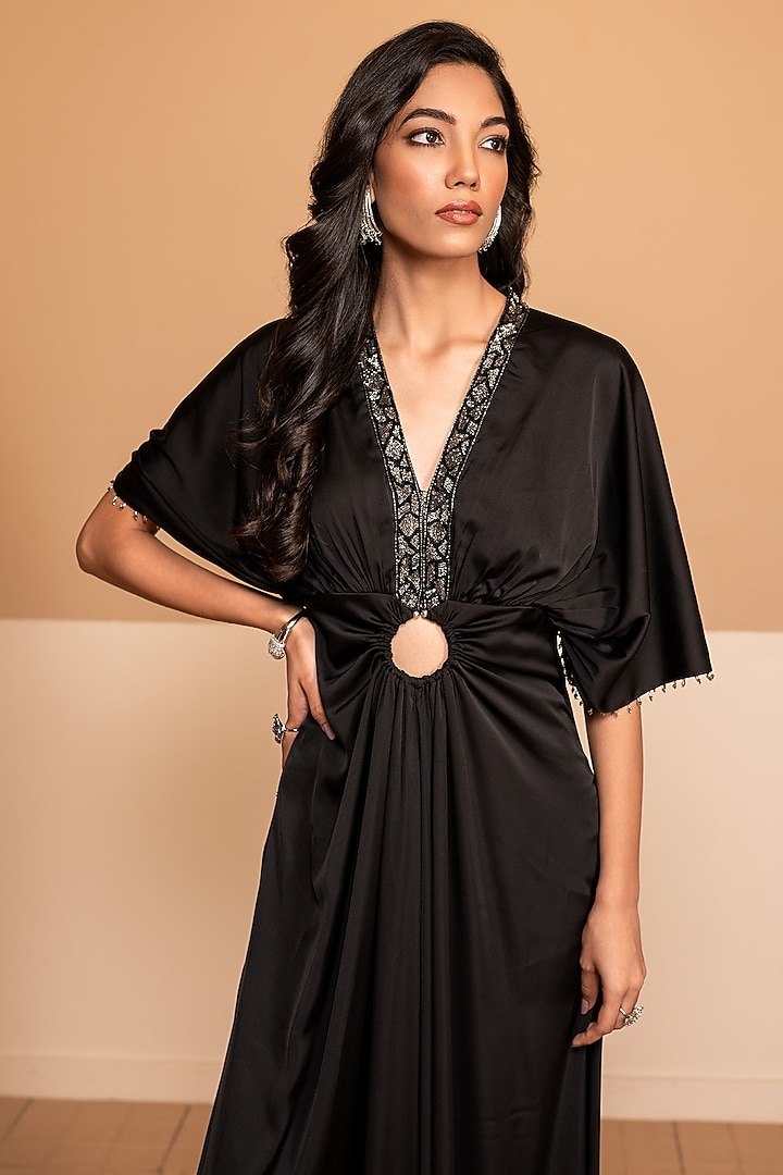 Black Soft Satin Hand Embroidered Jumpsuit by Kelaayah at Pernia's Pop Up Shop