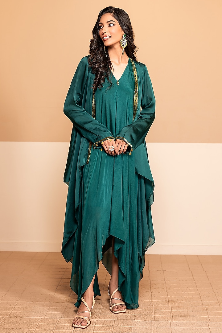 Emerald Green Chinon & Satin Organza Jacket Dress by Kelaayah