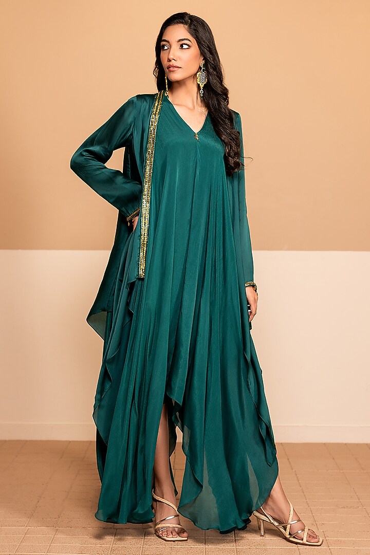 Emerald Green Chinon & Satin Organza Jacket Summer Dress by Kelaayah at Pernia's Pop Up Shop
