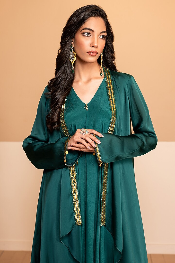 Emerald Green Chinon & Satin Organza Jacket Summer Dress by Kelaayah at Pernia's Pop Up Shop
