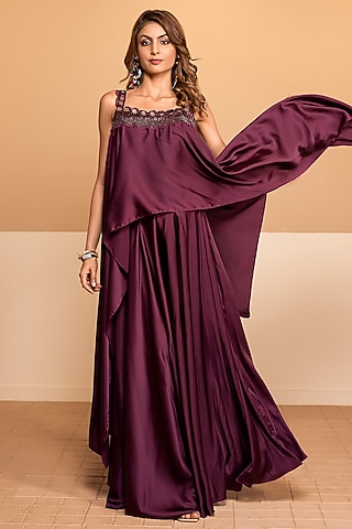 Wine Royal Satin Skirt Set by Kelaayah