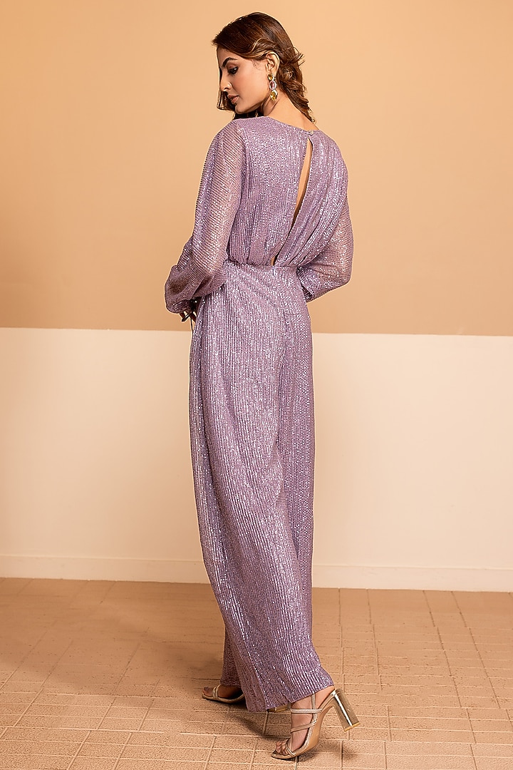 Lavender Zero Sequins Net Jumpsuit by Kelaayah at Pernia's Pop Up Shop