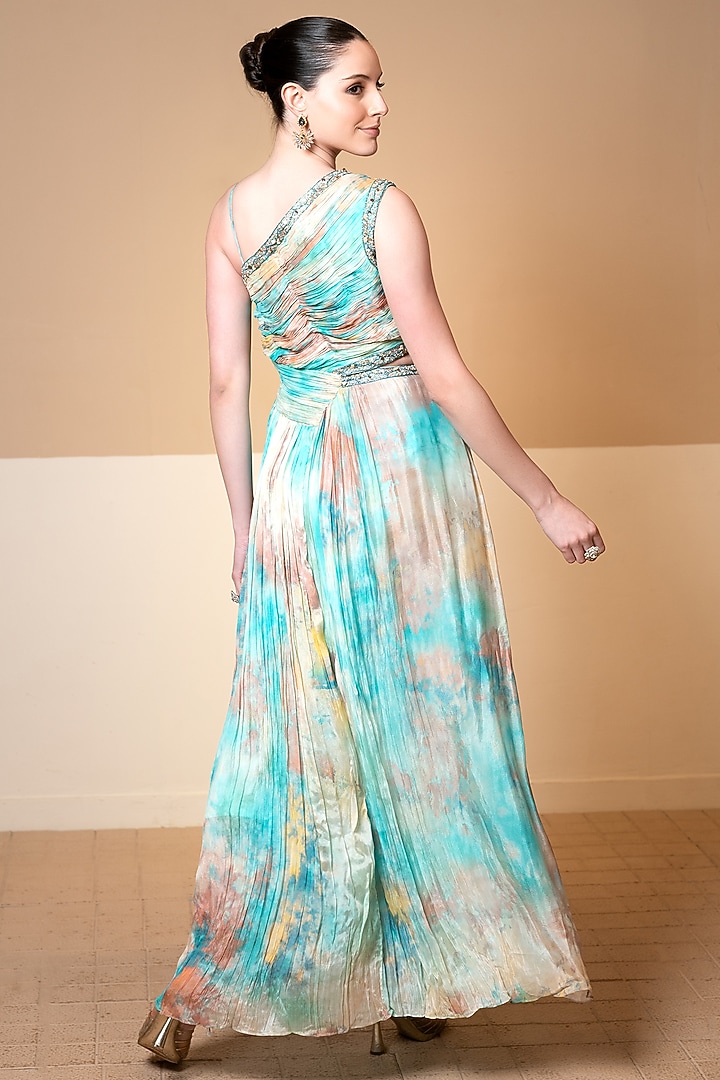 Sky Blue Chinon Cutdana Embroidered & Printed Maxi Summer Dress by Kelaayah at Pernia's Pop Up Shop
