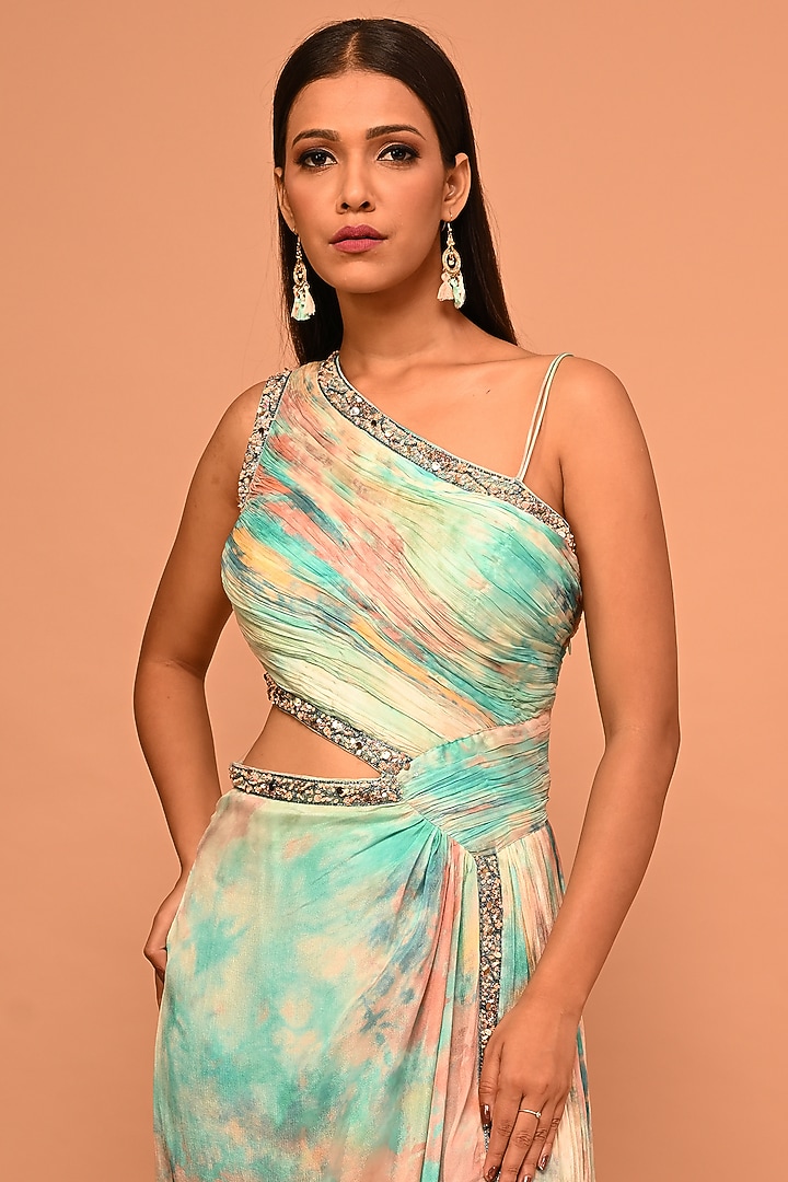 Sky Blue Chinon Cutdana Embroidered & Printed Maxi Summer Dress by Kelaayah at Pernia's Pop Up Shop