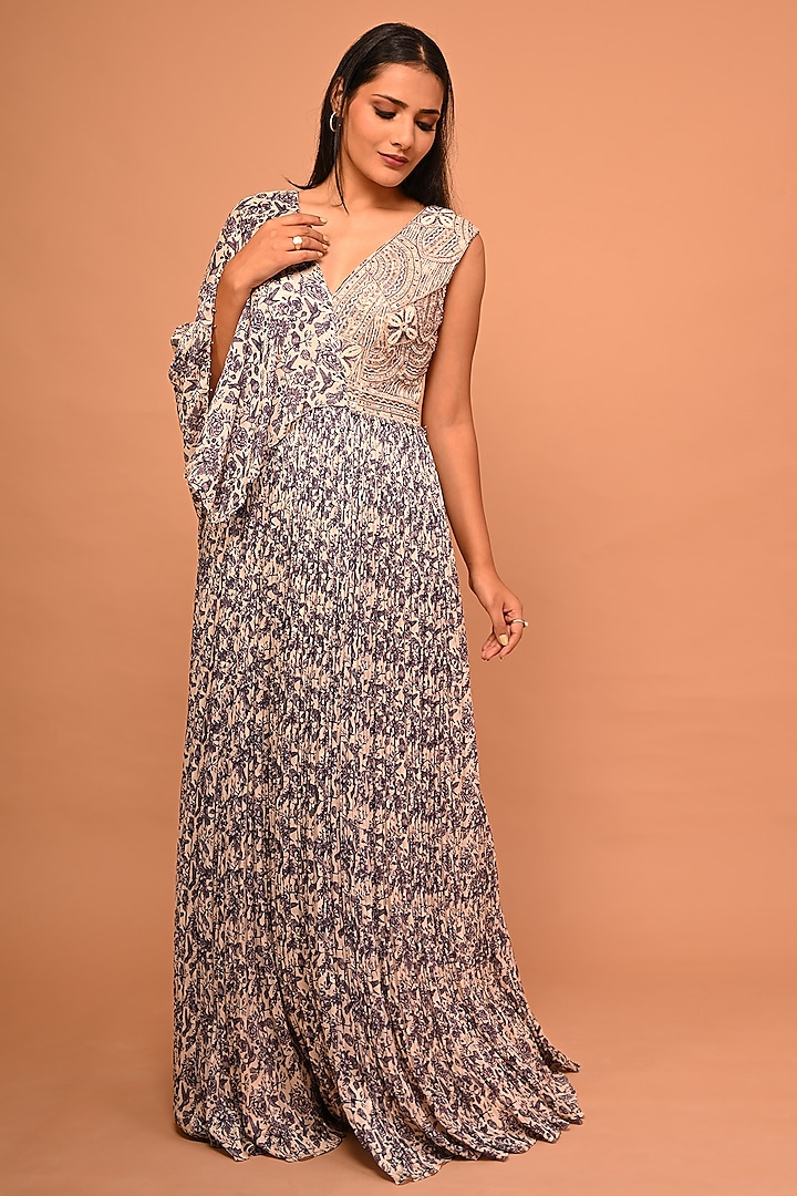 Purple Chinon Cutdana Embroidered & Printed Gown by Kelaayah