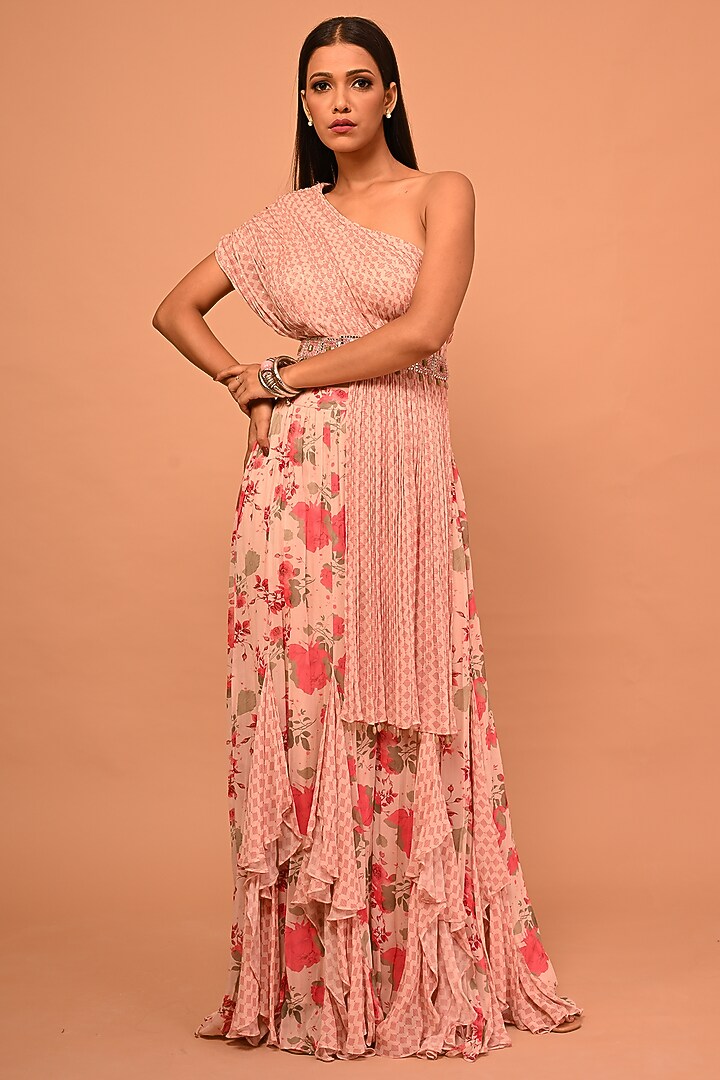 Peach Georgette Printed Palazzo Pant Set by Kelaayah at Pernia's Pop Up Shop
