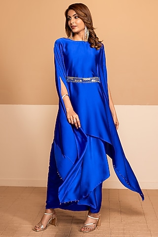 Egyptian Blue Satin Crepe Dhoti Set by Kelaayah
