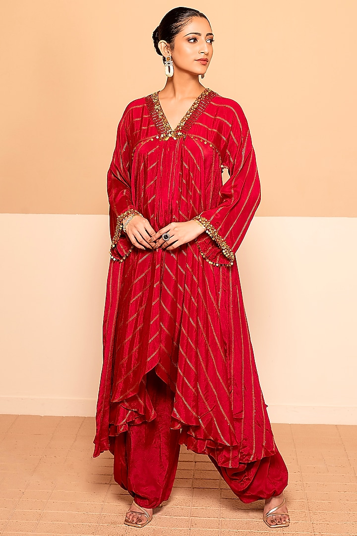 Coral Red Chinon Sequins & Bead Embroidered Kurta Set by Kelaayah