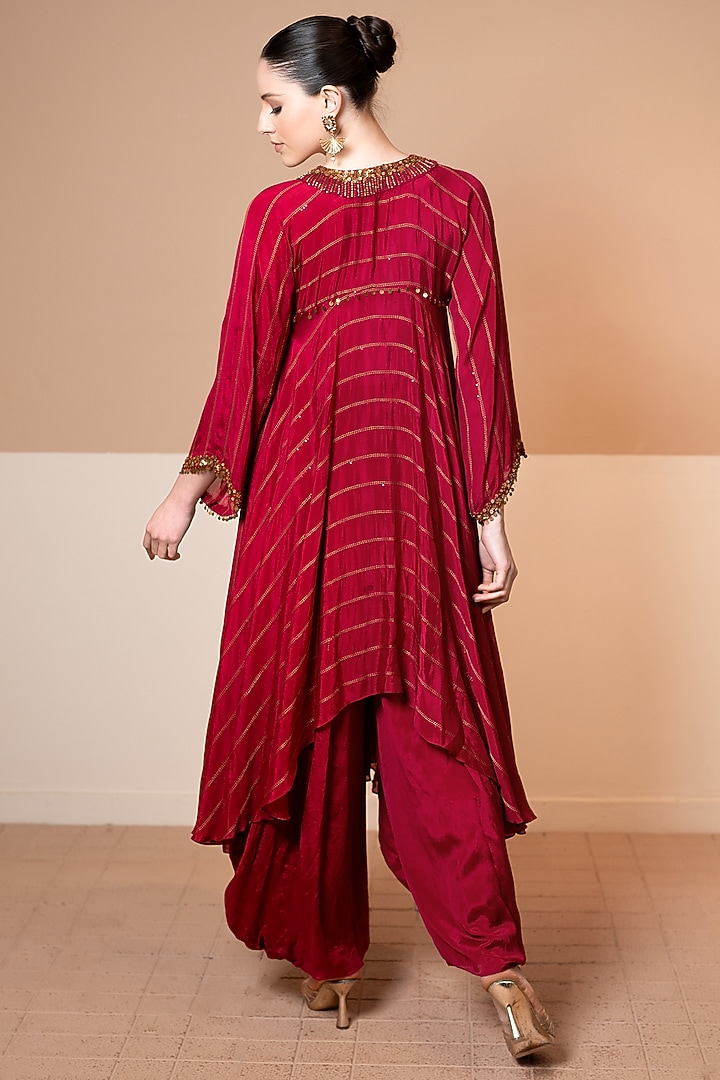 Coral Red Chinon Sequins & Bead Embroidered Kurta Set by Kelaayah at Pernia's Pop Up Shop