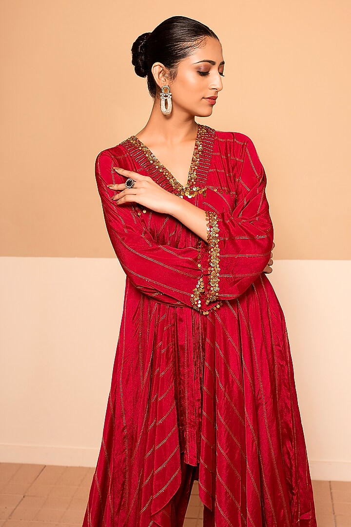 Coral Red Chinon Sequins & Bead Embroidered Kurta Set by Kelaayah at Pernia's Pop Up Shop
