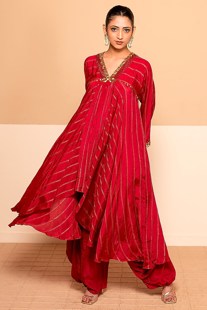 Coral Red Chinon Sequins & Bead Embroidered Kurta Set by Kelaayah at Pernia's Pop Up Shop