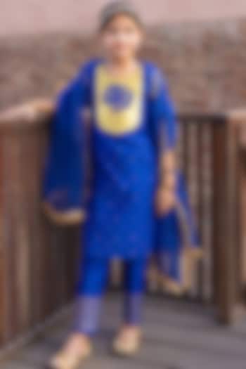 Persian Blue Pure Chanderi Dabka & Gota Embroidered Kurta Set For Girls by Klistel at Pernia's Pop Up Shop