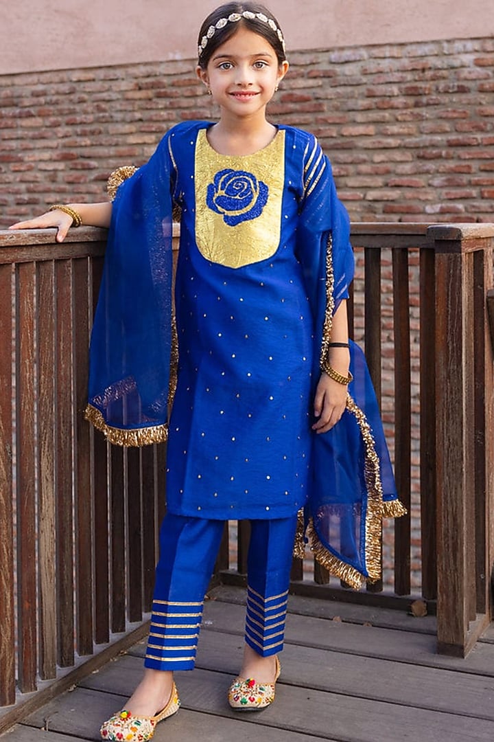 Persian Blue Pure Chanderi Dabka & Gota Embroidered Kurta Set For Girls by Klistel at Pernia's Pop Up Shop