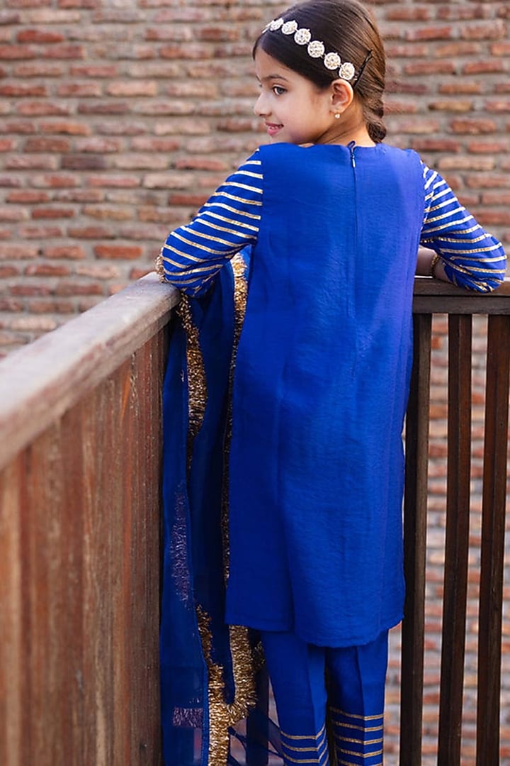 Persian Blue Pure Chanderi Dabka & Gota Embroidered Kurta Set For Girls by Klistel at Pernia's Pop Up Shop