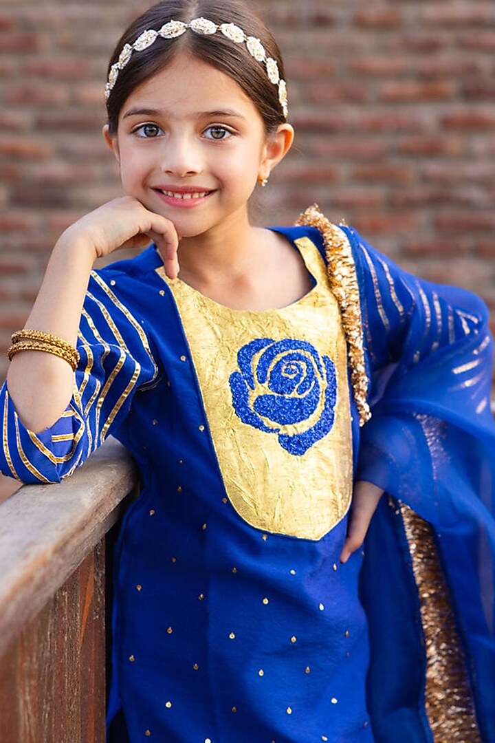 Persian Blue Pure Chanderi Dabka & Gota Embroidered Kurta Set For Girls by Klistel at Pernia's Pop Up Shop
