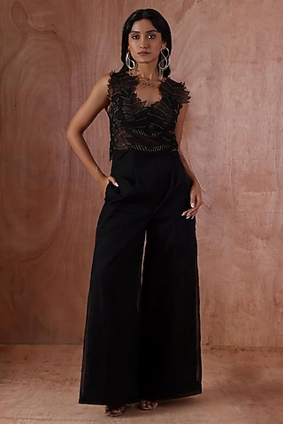 Black Organza Floral Applique Co-Ord Set by Kliitche by Isha Kedia