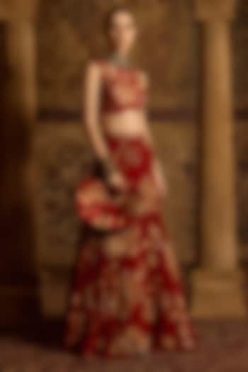 Ruby Red Organza Floral Printed Wedding Lehenga Set by Kalista at Pernia's Pop Up Shop