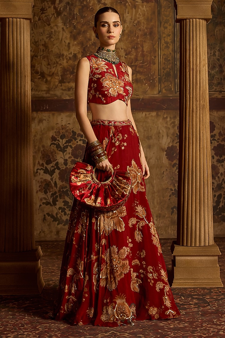 Ruby Red Organza Floral Printed Wedding Lehenga Set by Kalista at Pernia's Pop Up Shop