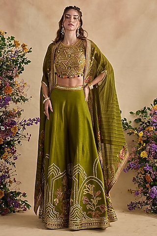 Olive Green Net Cape Set by Kalista