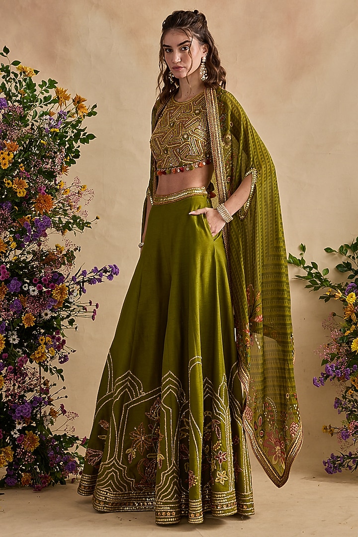 Olive Green Net Cape Set by Kalista at Pernia's Pop Up Shop