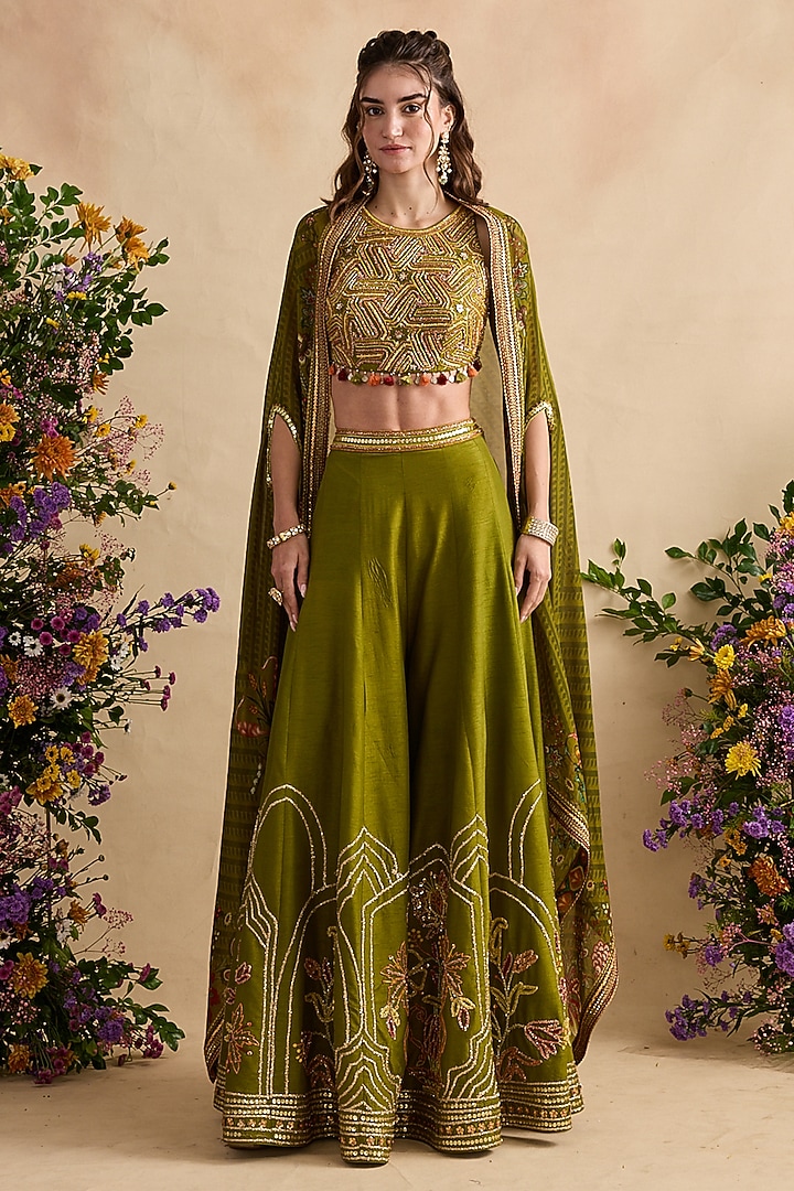 Olive Green Net Cape Set by Kalista at Pernia's Pop Up Shop