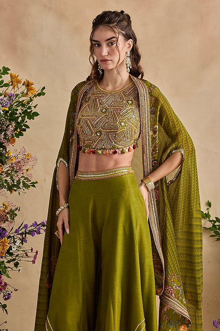 Olive Green Net Cape Set by Kalista at Pernia's Pop Up Shop