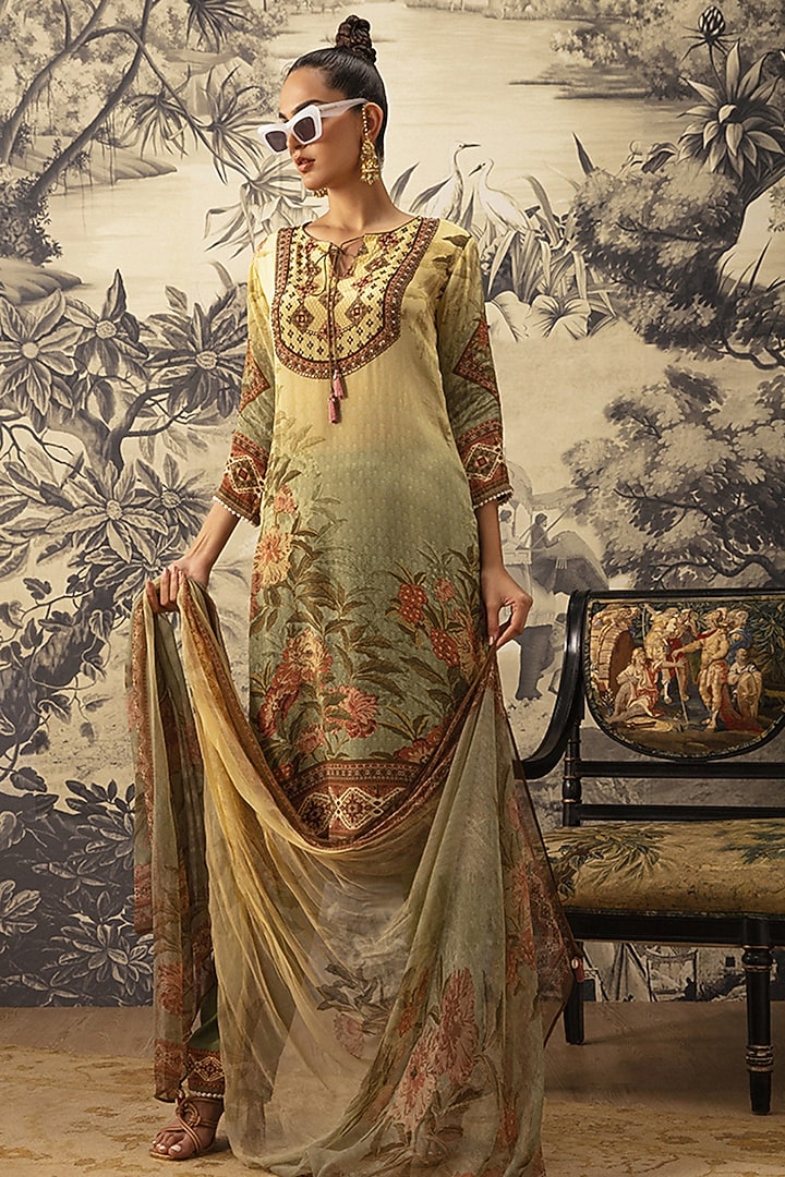 Olive Green & Yellow Straight Kurta Set by Kalista at Pernia's Pop Up Shop