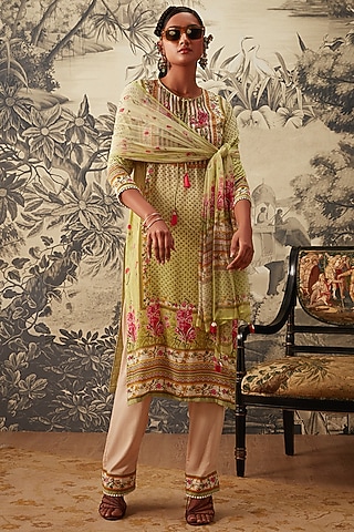 Lime Green Straight Kurta Set by Kalista
