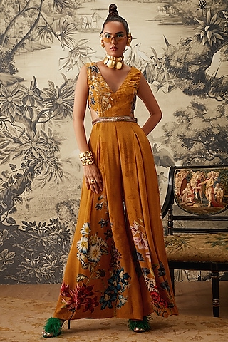 Mustard Botanical Printed Jumpsuit by Kalista