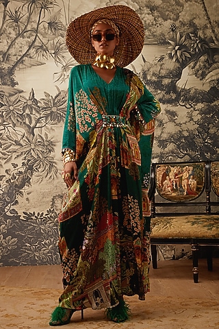 Bottle Green Printed Kaftan by Kalista