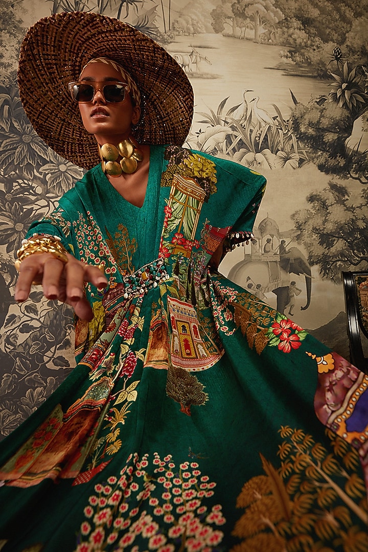 Bottle Green Printed Kaftan by Kalista at Pernia's Pop Up Shop