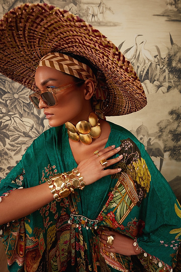 Bottle Green Printed Kaftan by Kalista at Pernia's Pop Up Shop