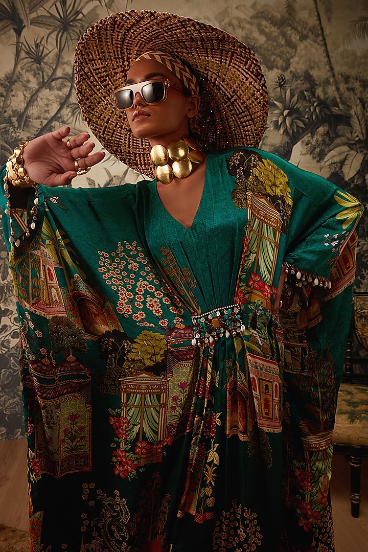Bottle Green Printed Kaftan by Kalista at Pernia's Pop Up Shop