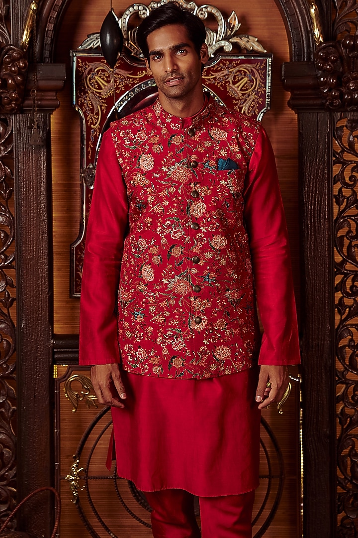Rust-Red Chanderi Silk Embroidered Bundi Jacket Set by Kalista Men at Pernia's Pop Up Shop