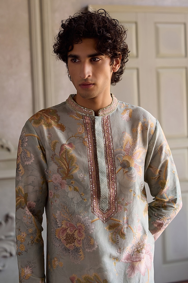 Soft Mint Chanderi Silk Floral Printed Kurta Set by Kalista Men at Pernia's Pop Up Shop