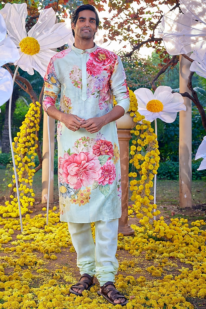 Mint Chanderi Floral Kurta Set by Kalista Men