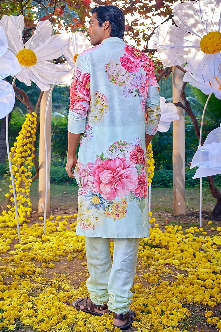 Mint Chanderi Floral Kurta Set by Kalista Men at Pernia's Pop Up Shop