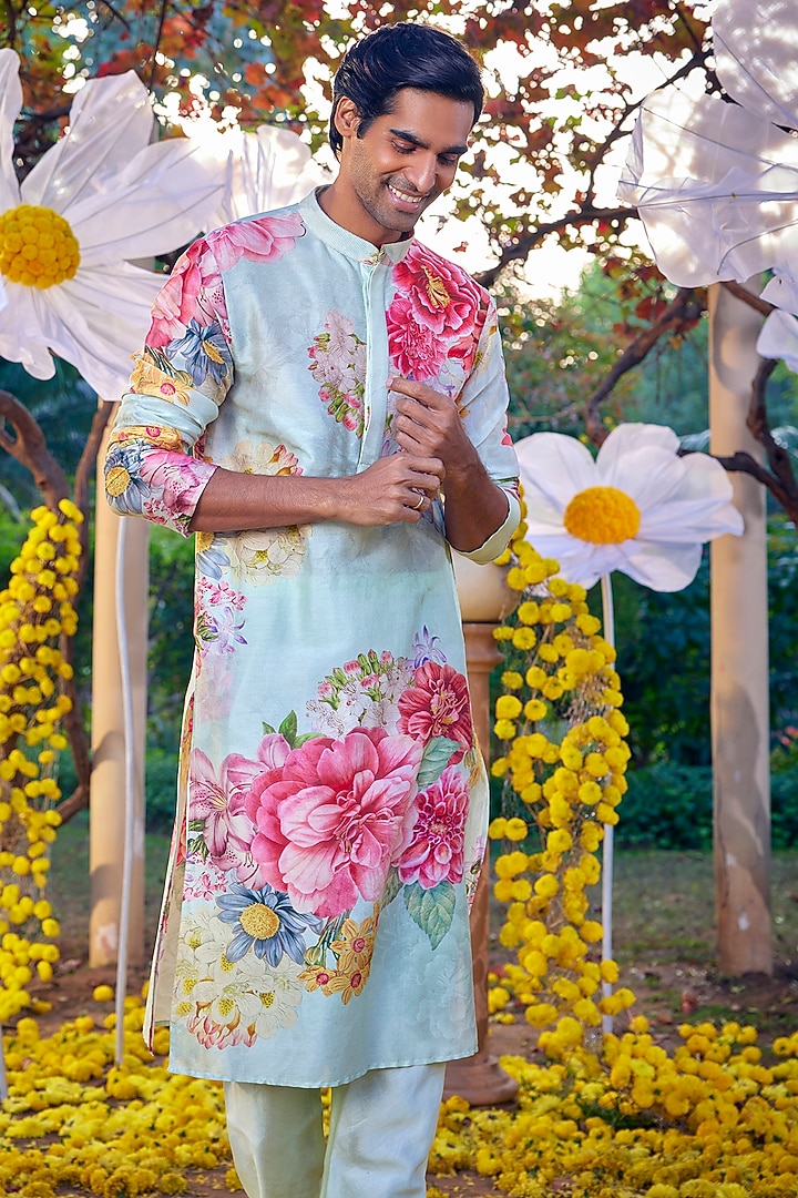 Mint Chanderi Floral Kurta Set by Kalista Men at Pernia's Pop Up Shop