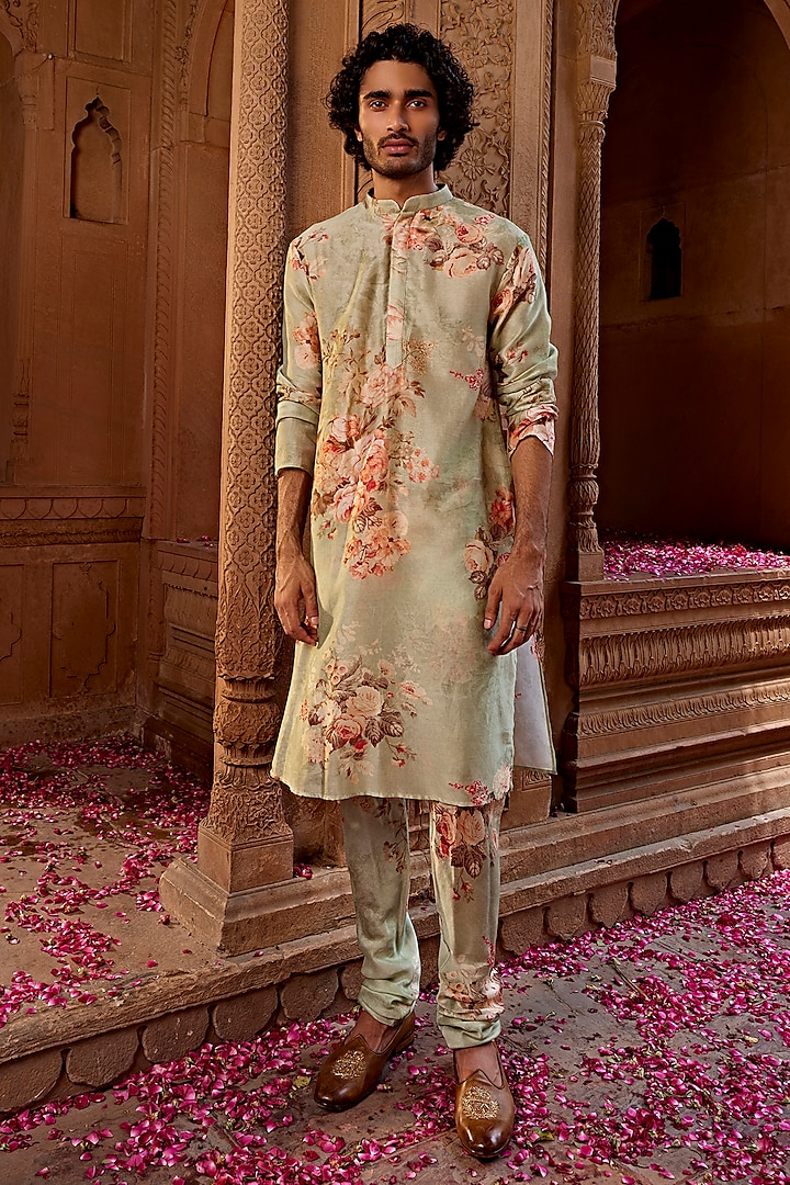 Mint Chanderi Floral Kurta Set by Kalista Men