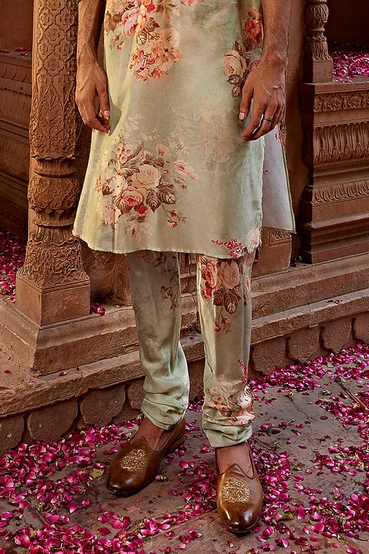 Mint Chanderi Floral Kurta Set by Kalista Men at Pernia's Pop Up Shop