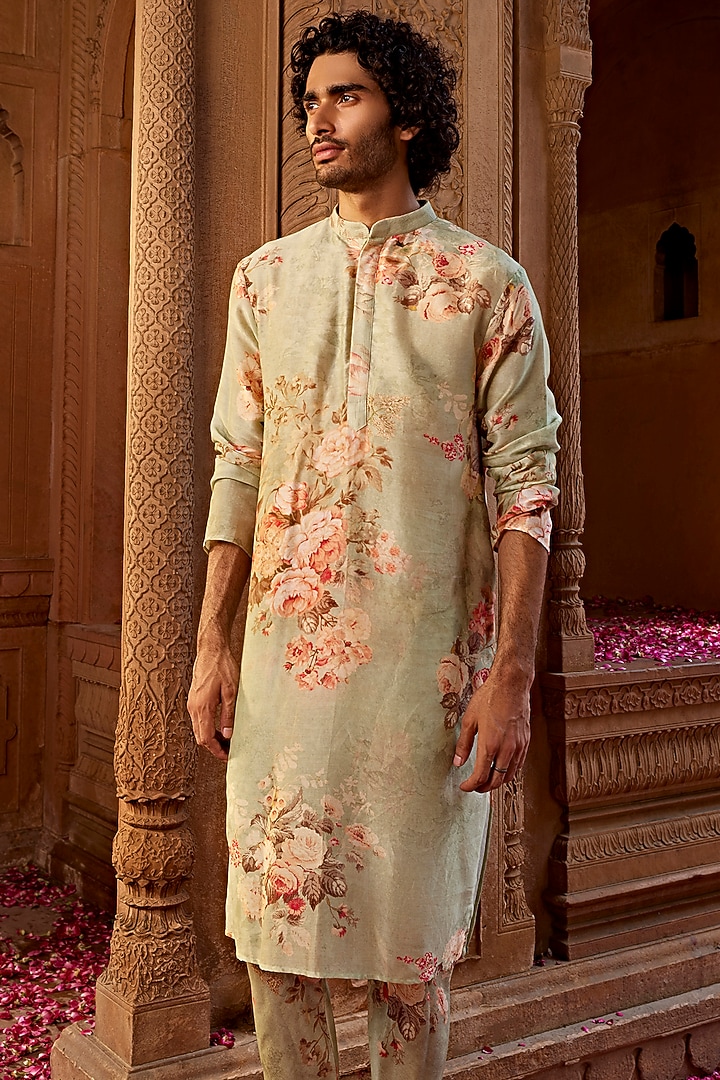 Mint Chanderi Floral Kurta Set by Kalista Men at Pernia's Pop Up Shop