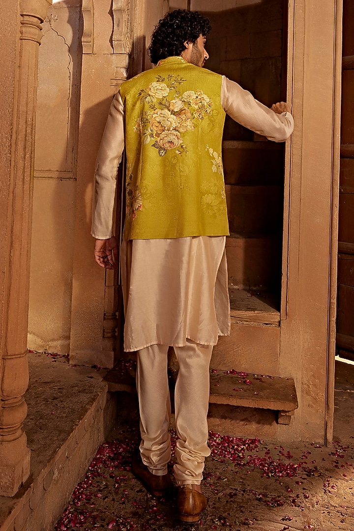 Yellow Raw Silk Floral Printed Bundi Jacket Set by Kalista Men at Pernia's Pop Up Shop