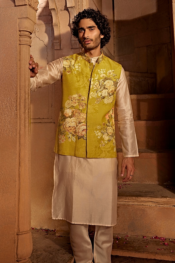 Yellow Raw Silk Floral Printed Bundi Jacket Set by Kalista Men at Pernia's Pop Up Shop