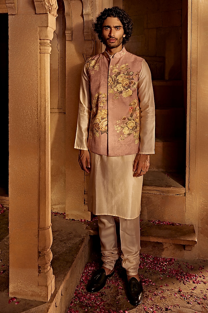 Blush Pink Raw Silk Floral Printed Bundi Jacket Set by Kalista Men