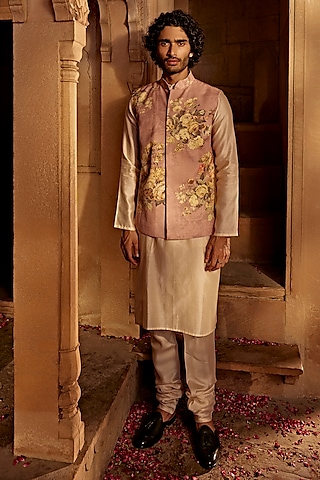 Blush Pink Raw Silk Floral Printed Bundi Jacket Set by Kalista Men