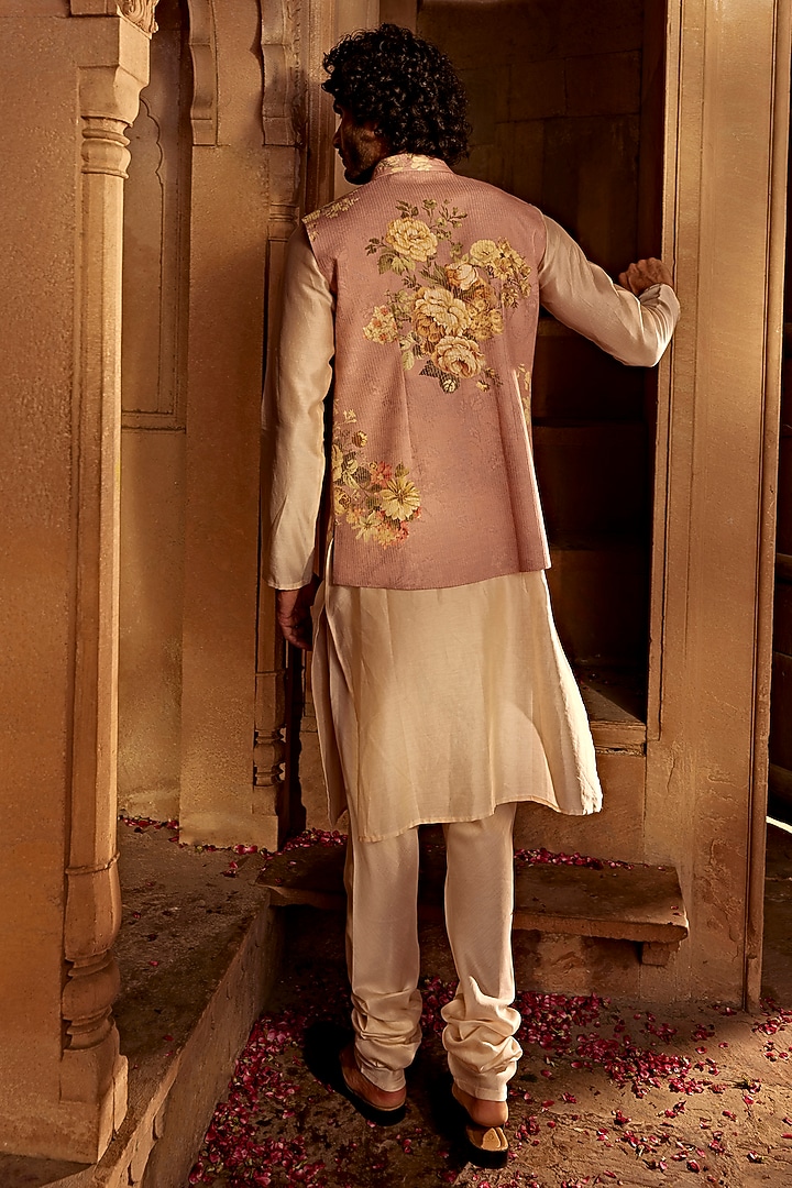 Blush Pink Raw Silk Floral Printed Bundi Jacket Set by Kalista Men at Pernia's Pop Up Shop