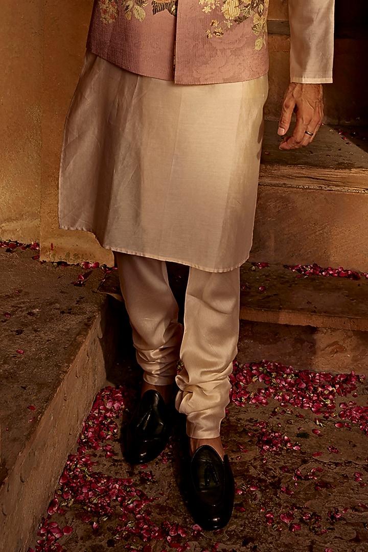 Blush Pink Raw Silk Floral Printed Bundi Jacket Set by Kalista Men at Pernia's Pop Up Shop