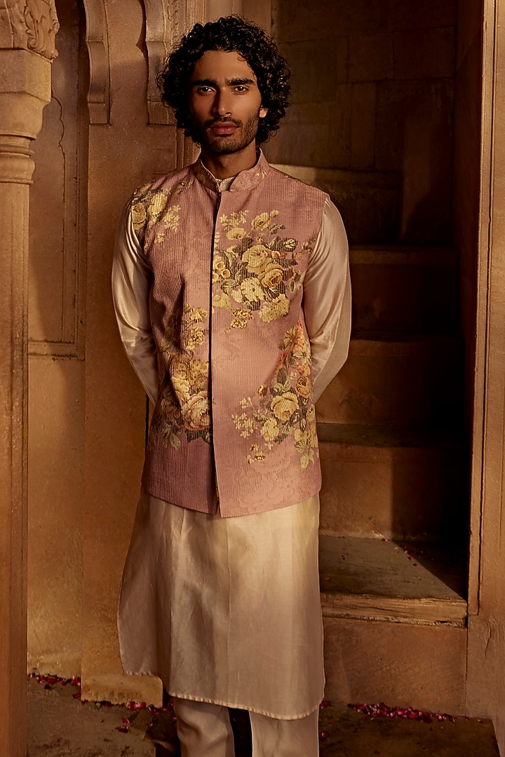 Blush Pink Raw Silk Floral Printed Bundi Jacket Set by Kalista Men at Pernia's Pop Up Shop
