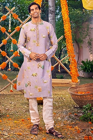 Lilac Chanderi Motif Printed & Embroidered Kurta Set by Kalista Men