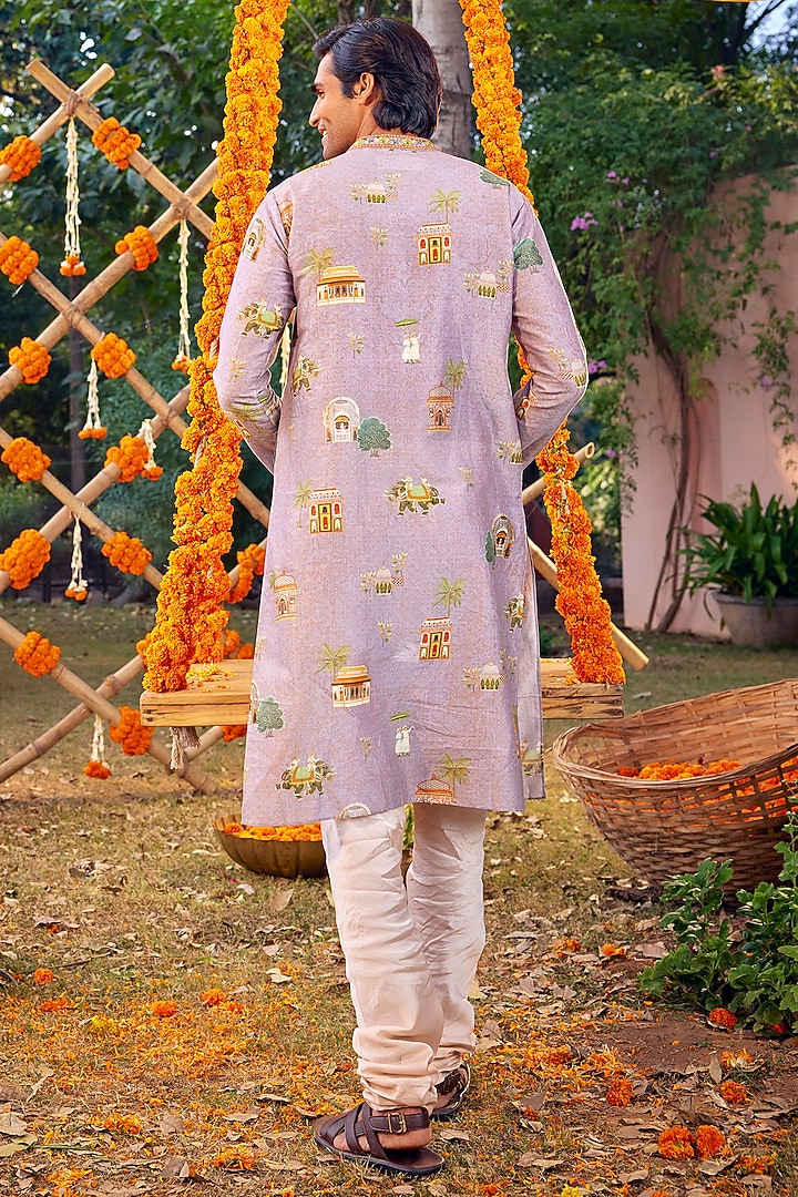 Lilac Chanderi Motif Printed & Embroidered Kurta Set by Kalista Men at Pernia's Pop Up Shop